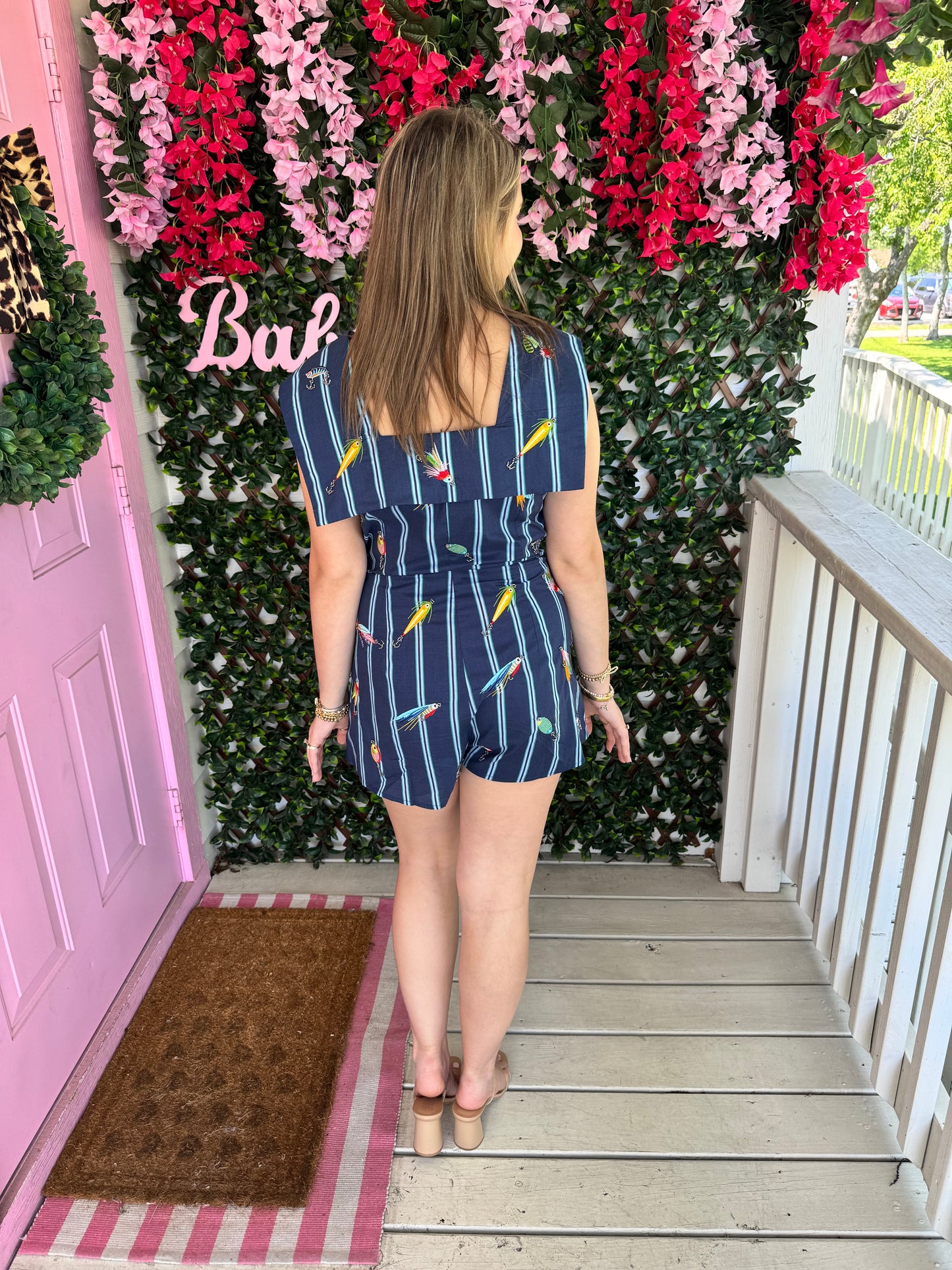 Queen Of Sparkles Navy Striped Fishing Lure Romper