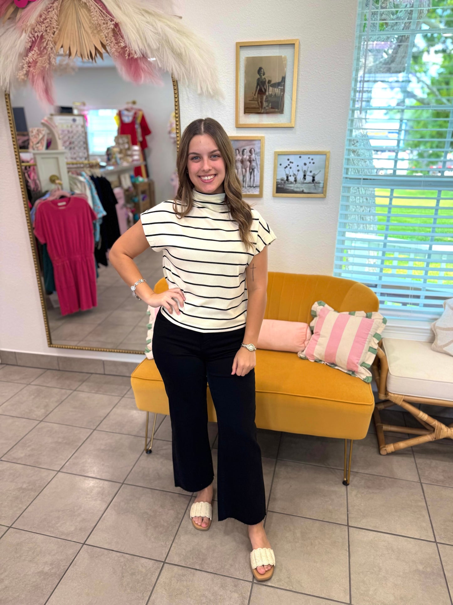 Striped Cropped Knit Mock Neck Top