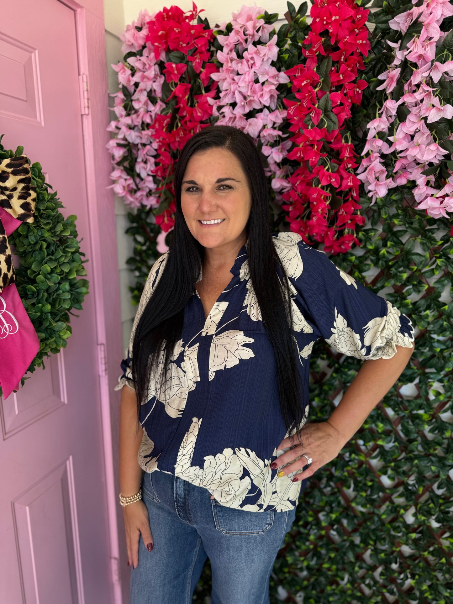 Navy & Cream Floral Top