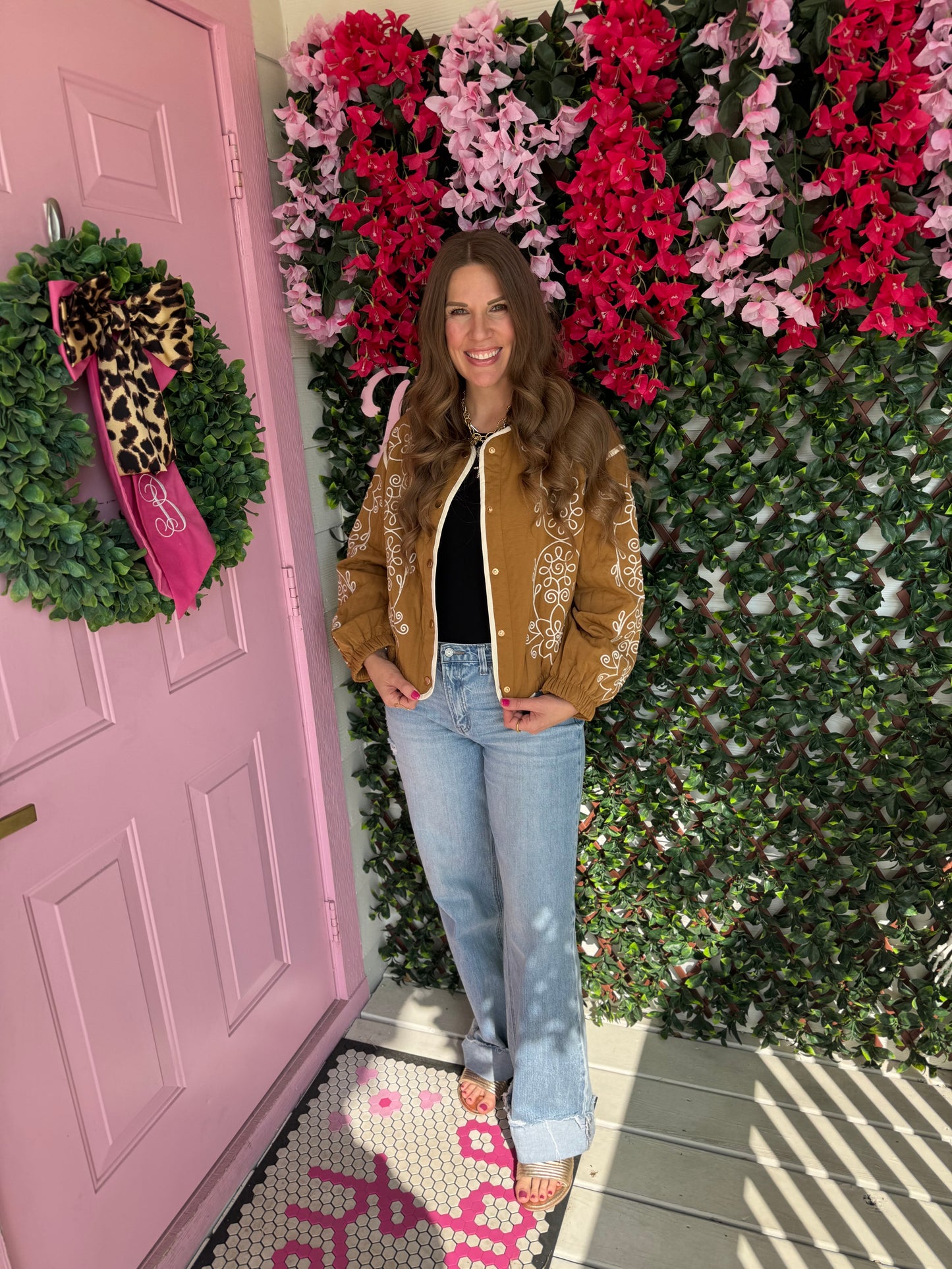 Camel Embroidered Bomber Jacket