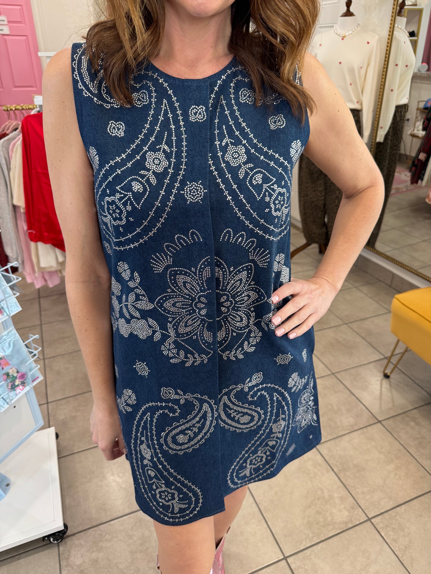 Queen Of Sparkles Denim Sequin Paisley Button Up Tank Dress