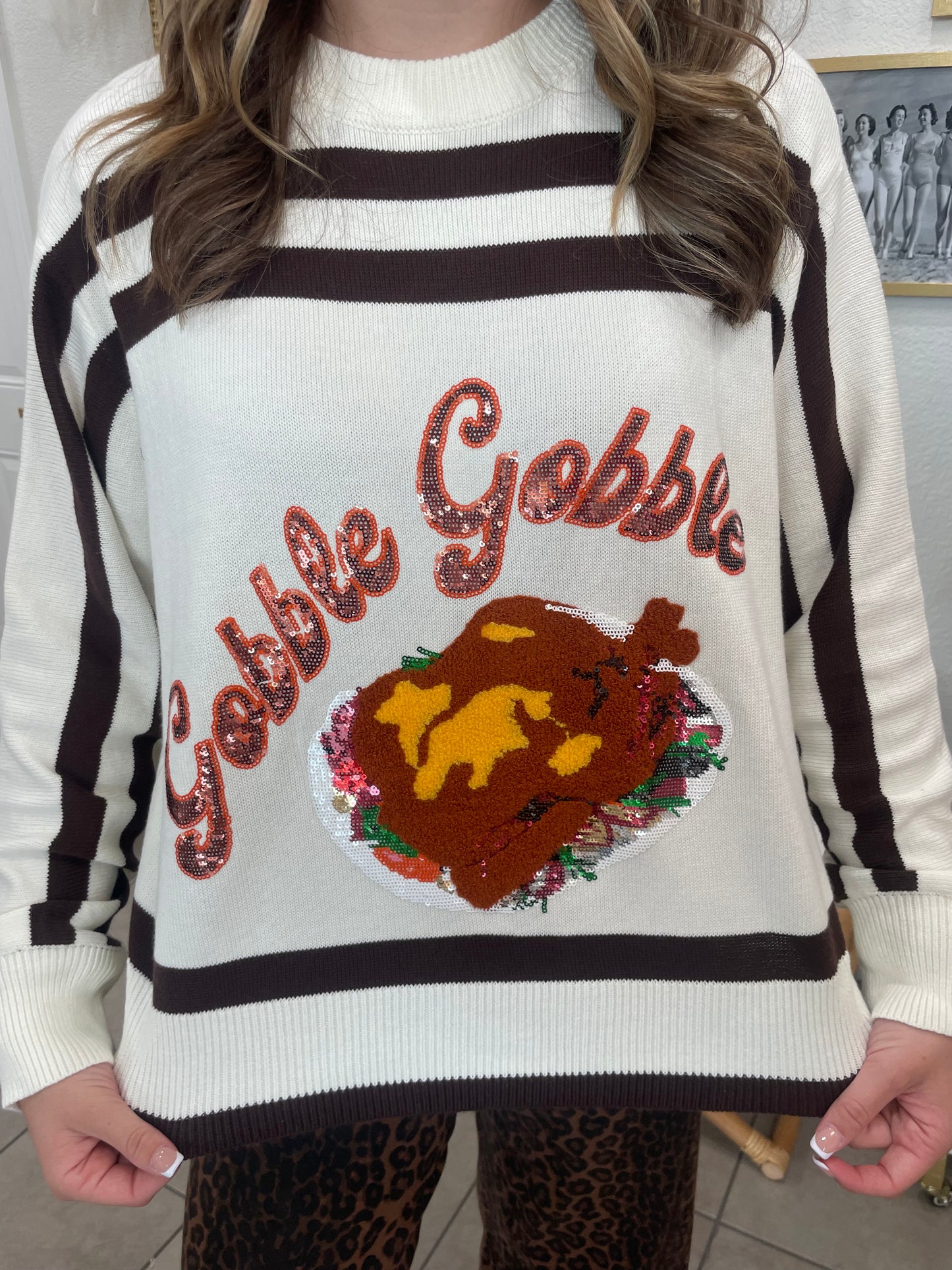 Queen Of Sparkles White & Brown Stripe Gobble Sweater