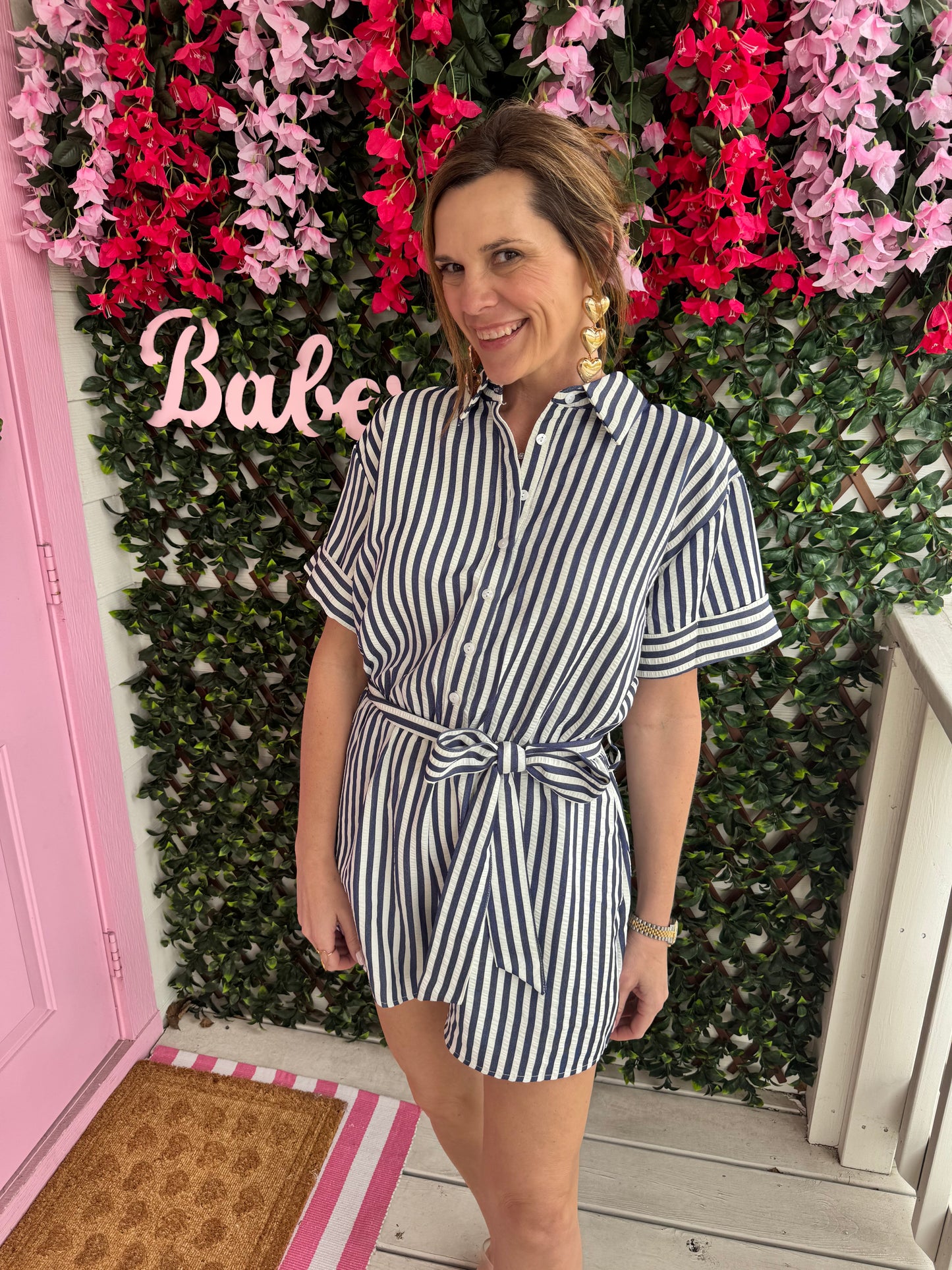 Navy Striped Button Down Romper