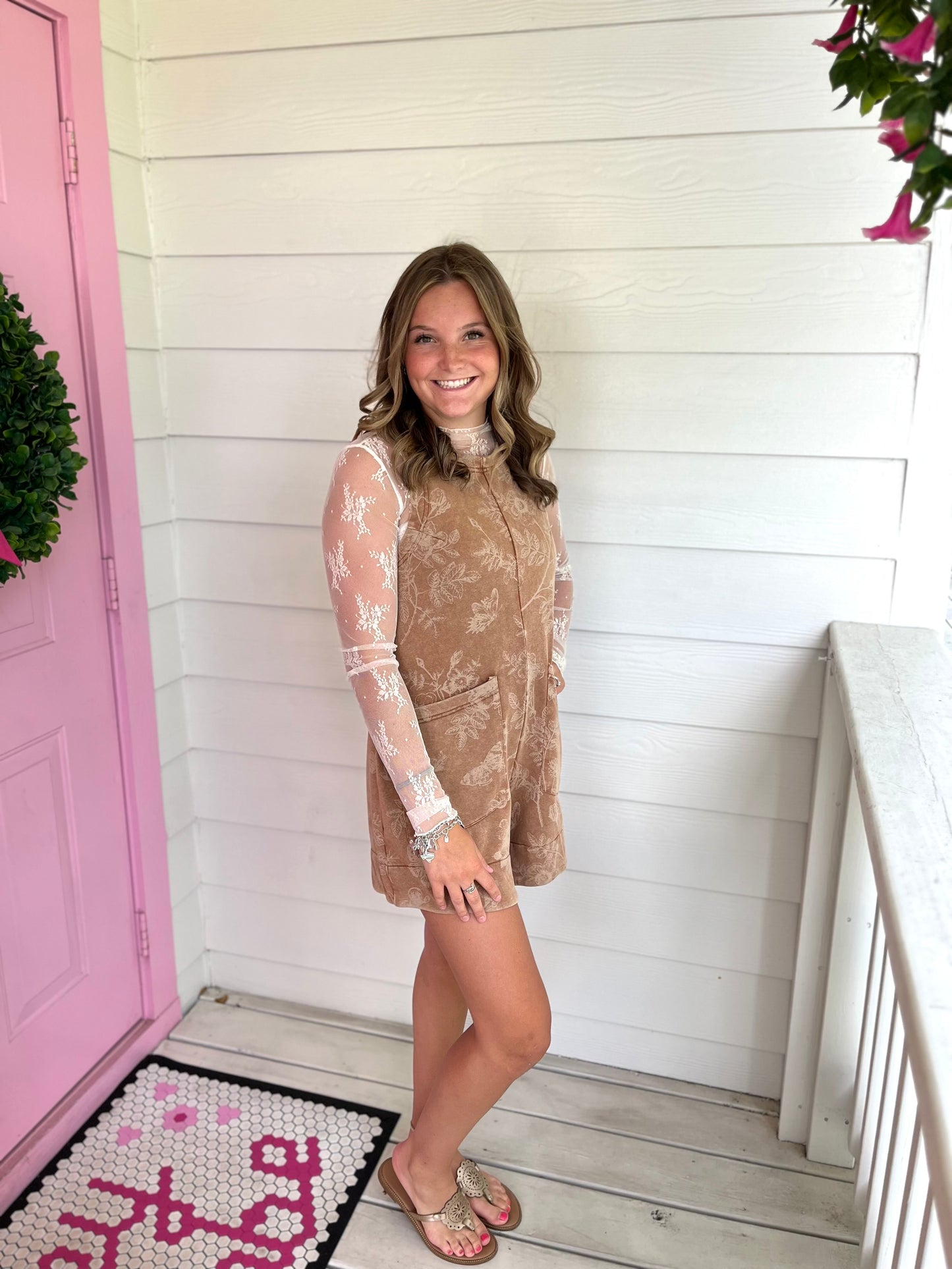 Washed Brown Floral Romper