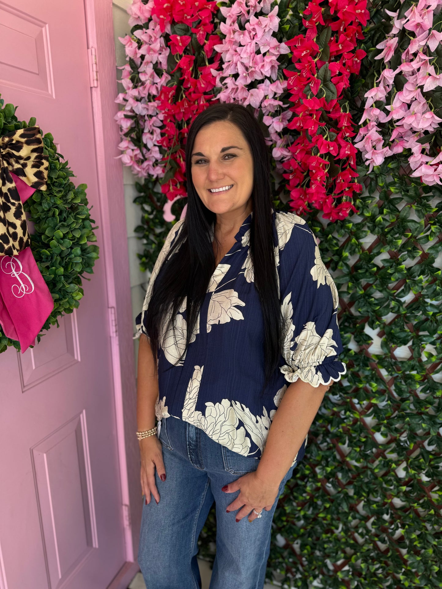 Navy & Cream Floral Top
