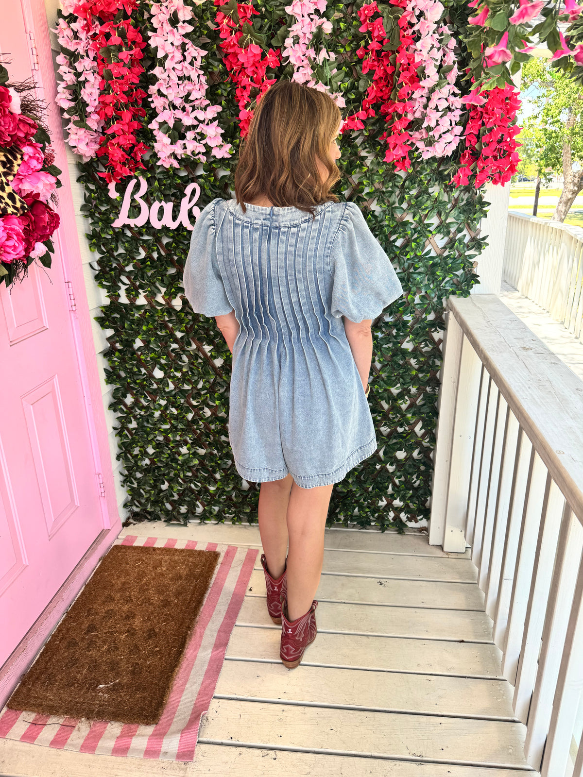 Washed Puff Sleeve Denim Romper