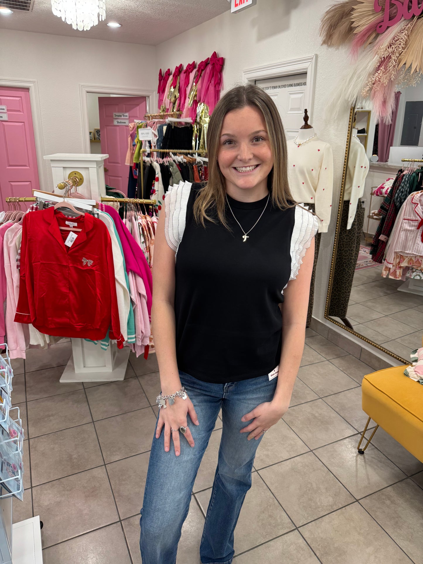 Black Pleated Ruffle Sleeve Top