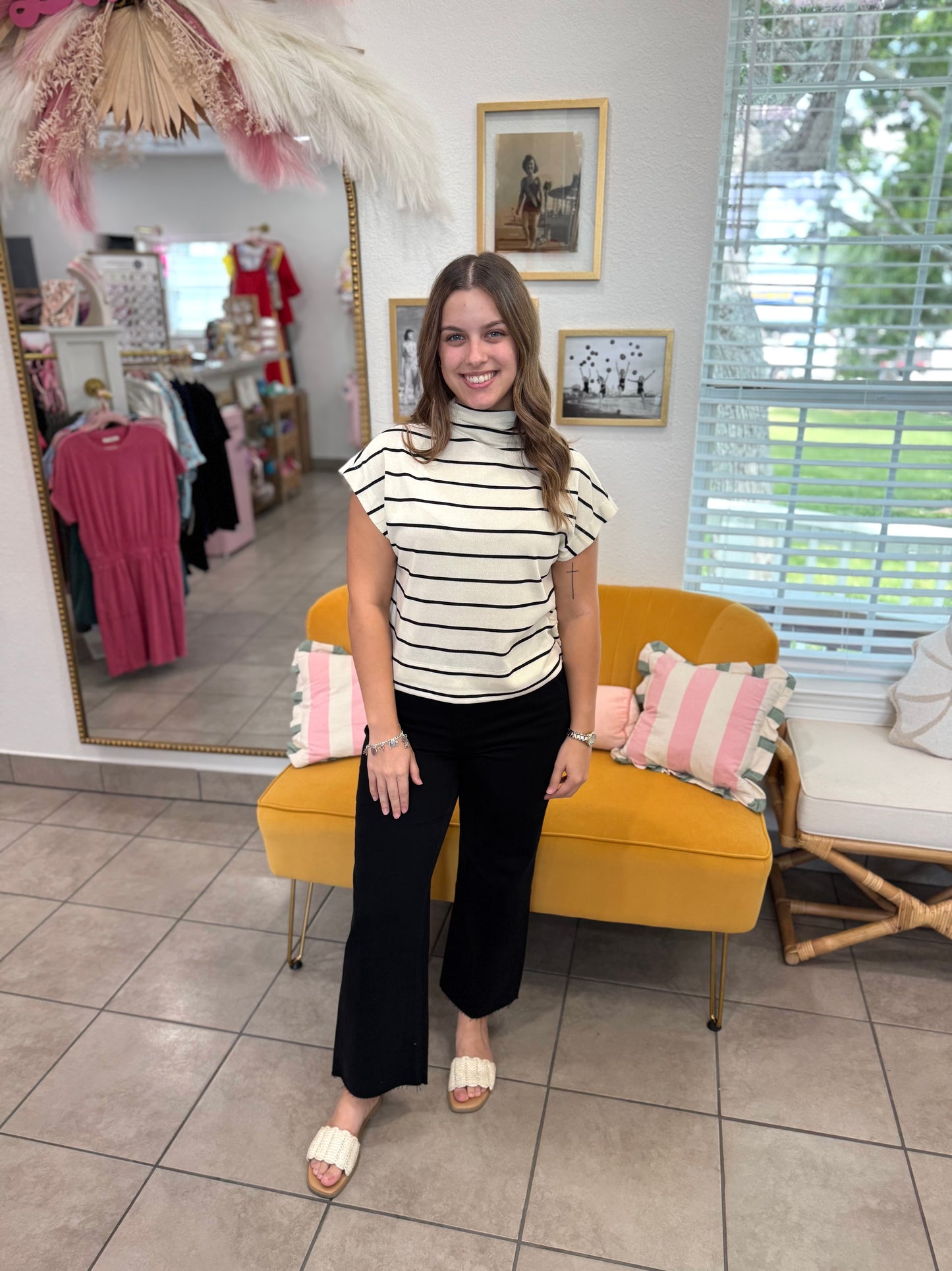 Striped Cropped Knit Mock Neck Top