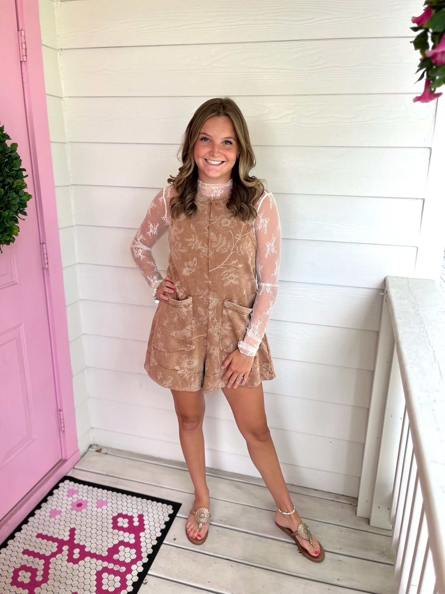 Washed Brown Floral Romper