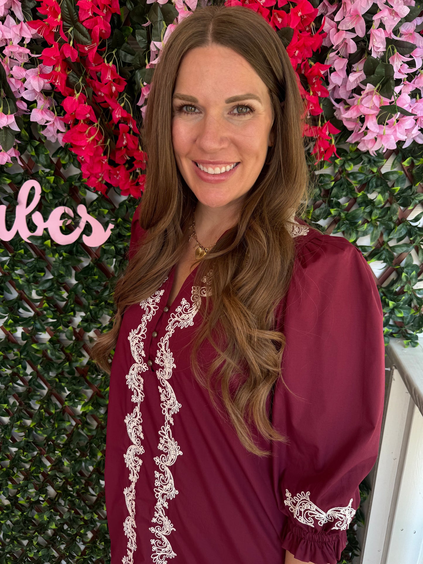 Embroidered Wine Dress
