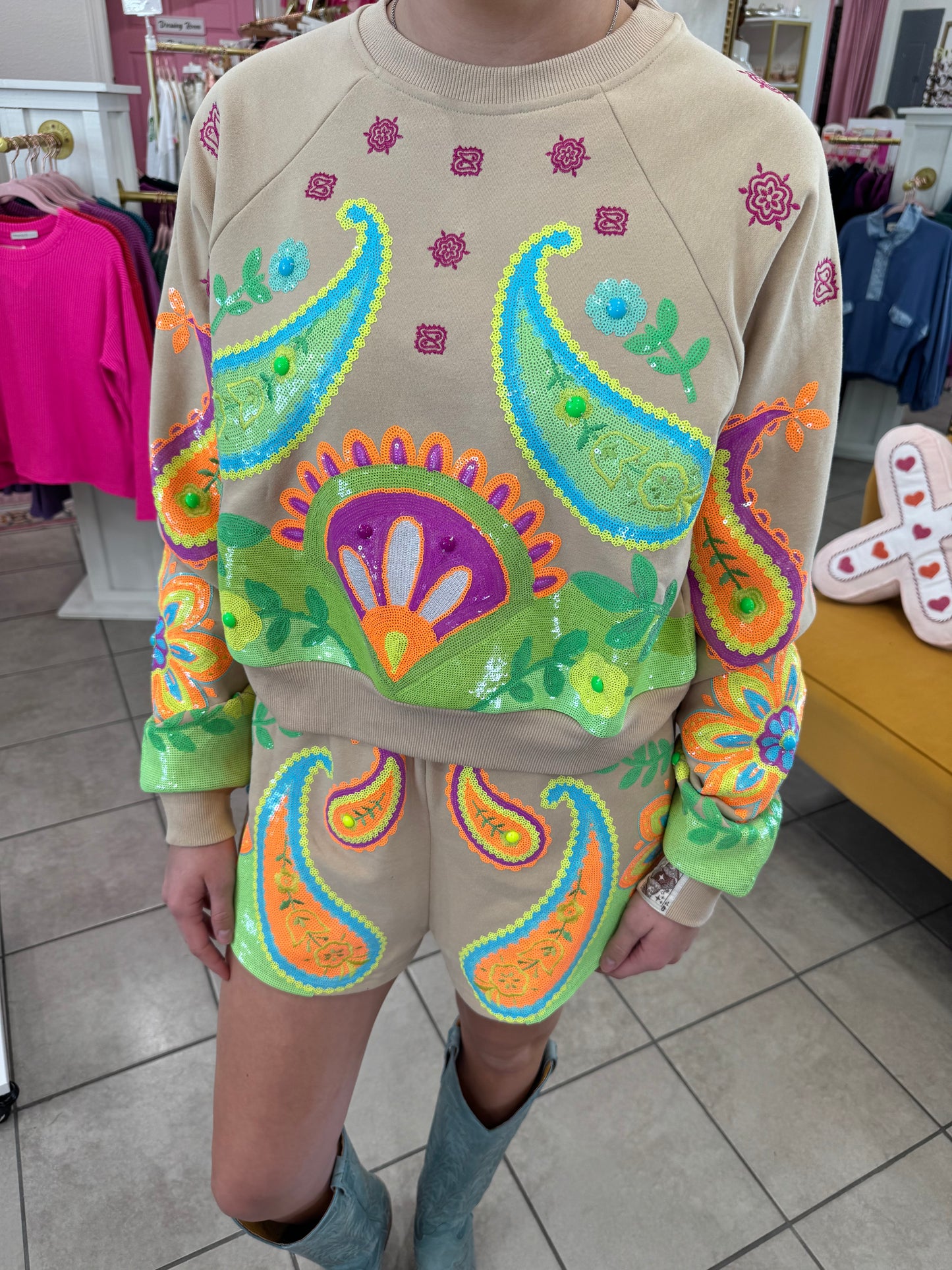 Queen Of Sparkles Beige & Neon Paisley Print Shorts