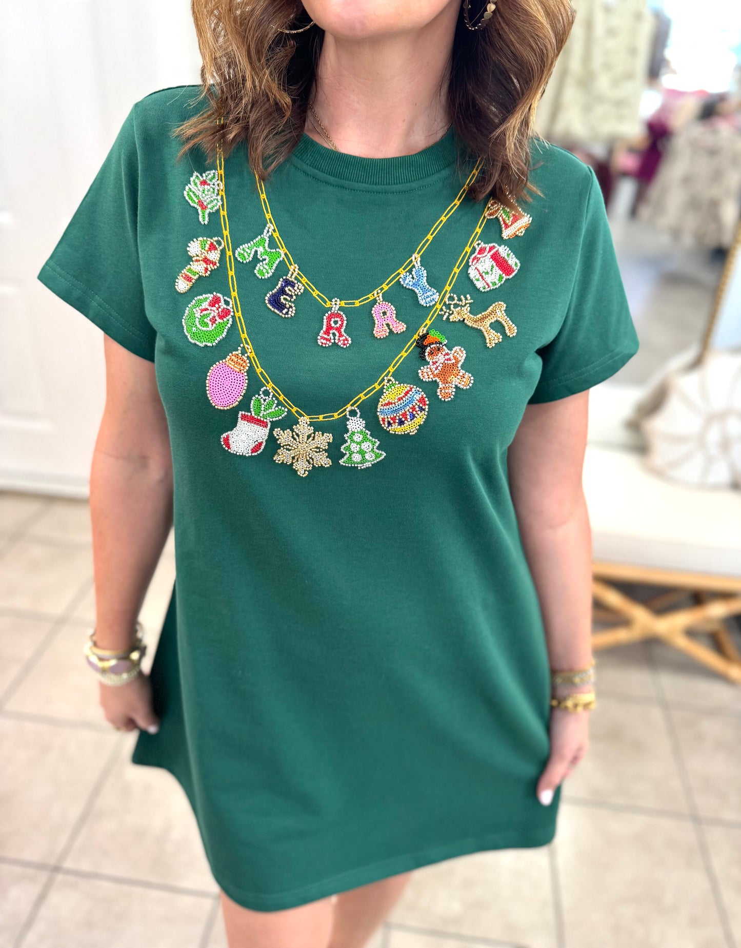 Queen Of Sparkles Dark Green Christmas Necklace Tee Dress