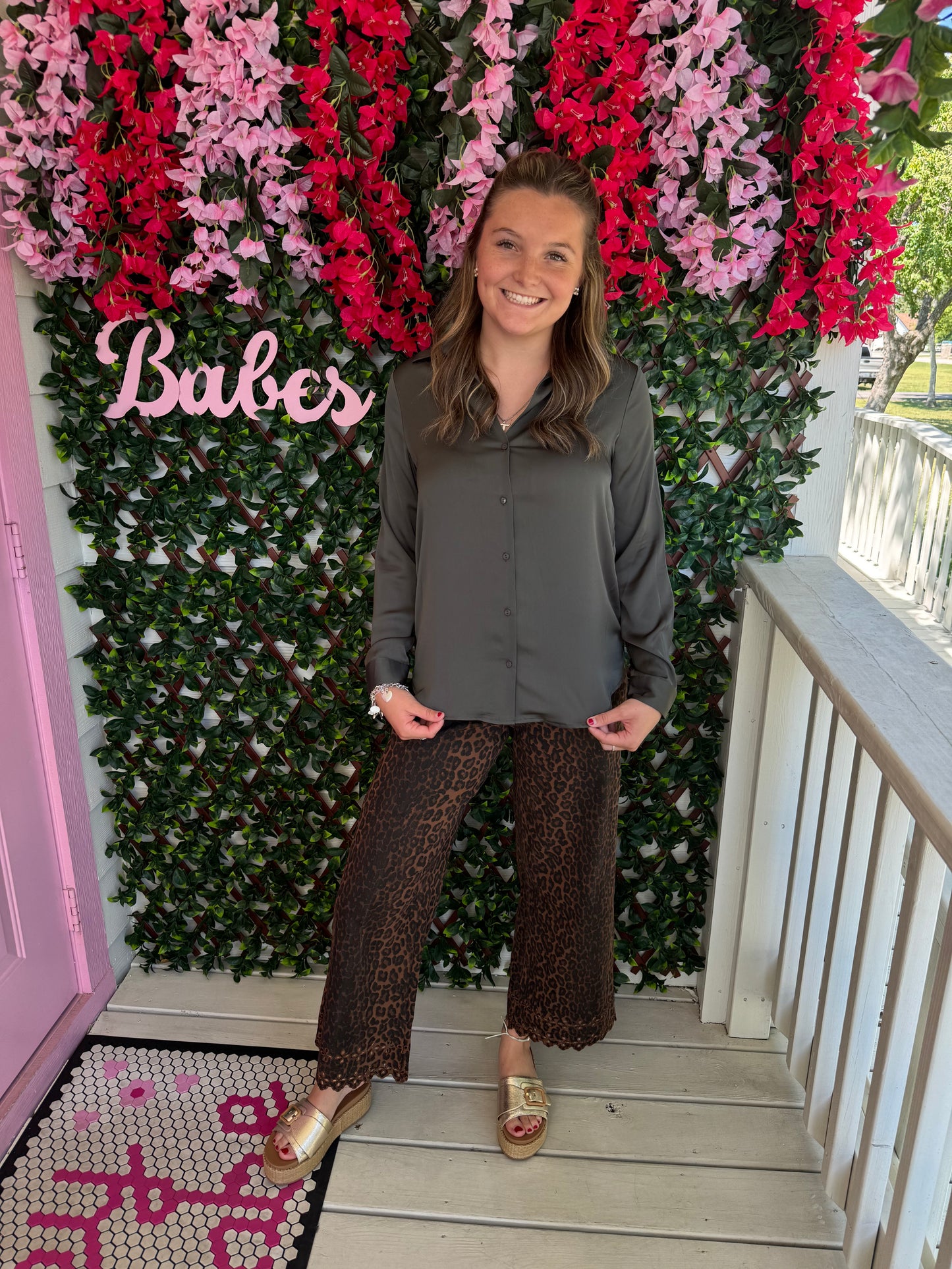 Satin Olive Button Down Top