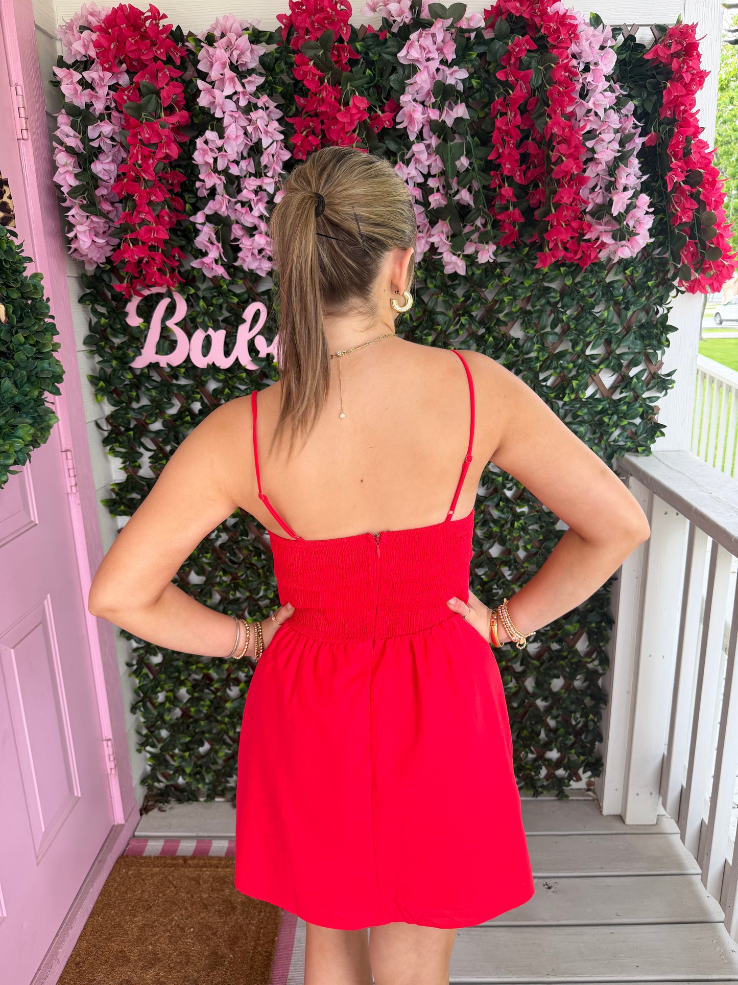 Top Stitch Red Mini Dress