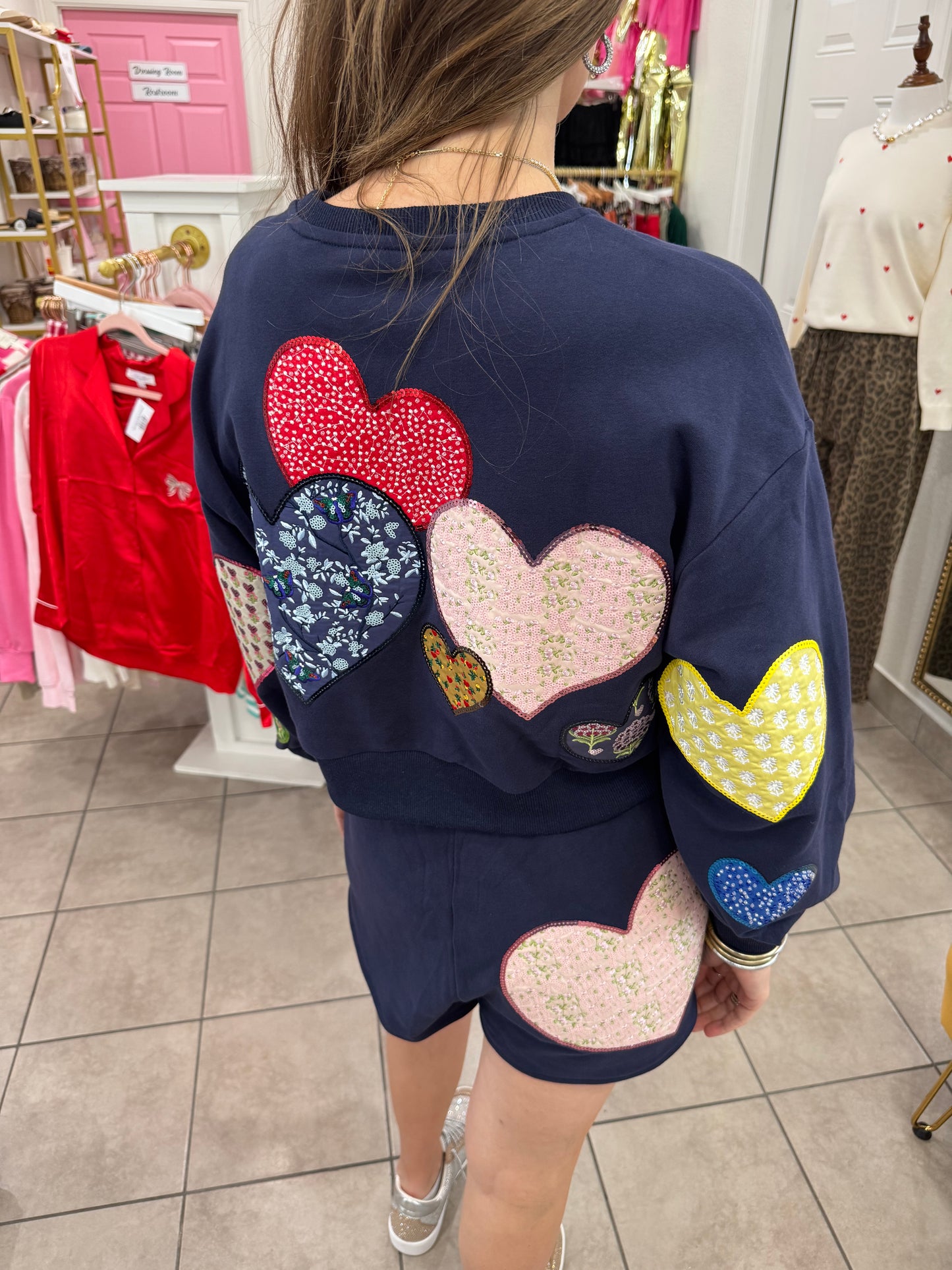 Queen Of Sparkles Navy Multi Embroidered Hearts Sweatshirt