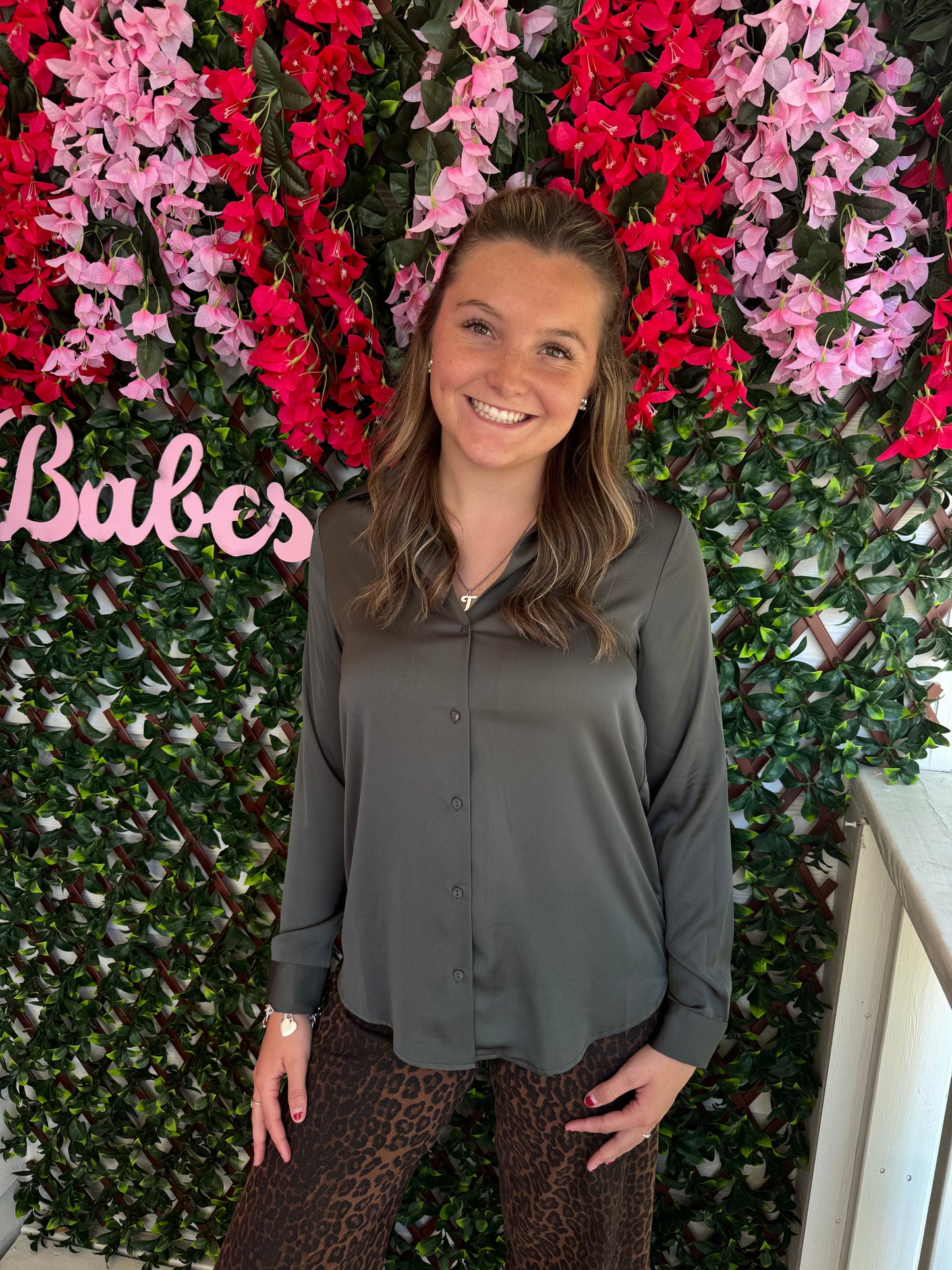 Satin Olive Button Down Top