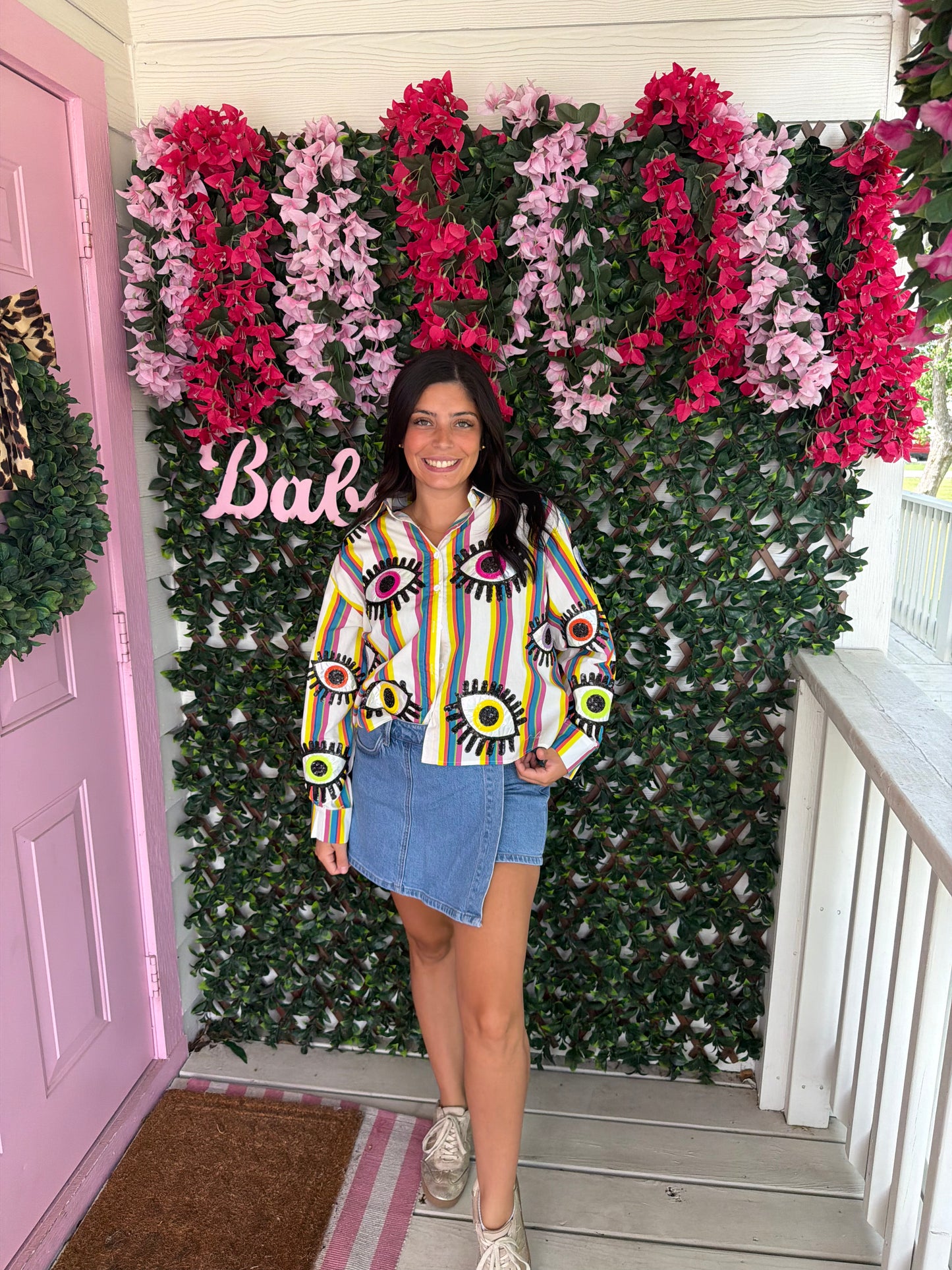 Queen Of Sparkles Rainbow Striped Eye Button Up Top