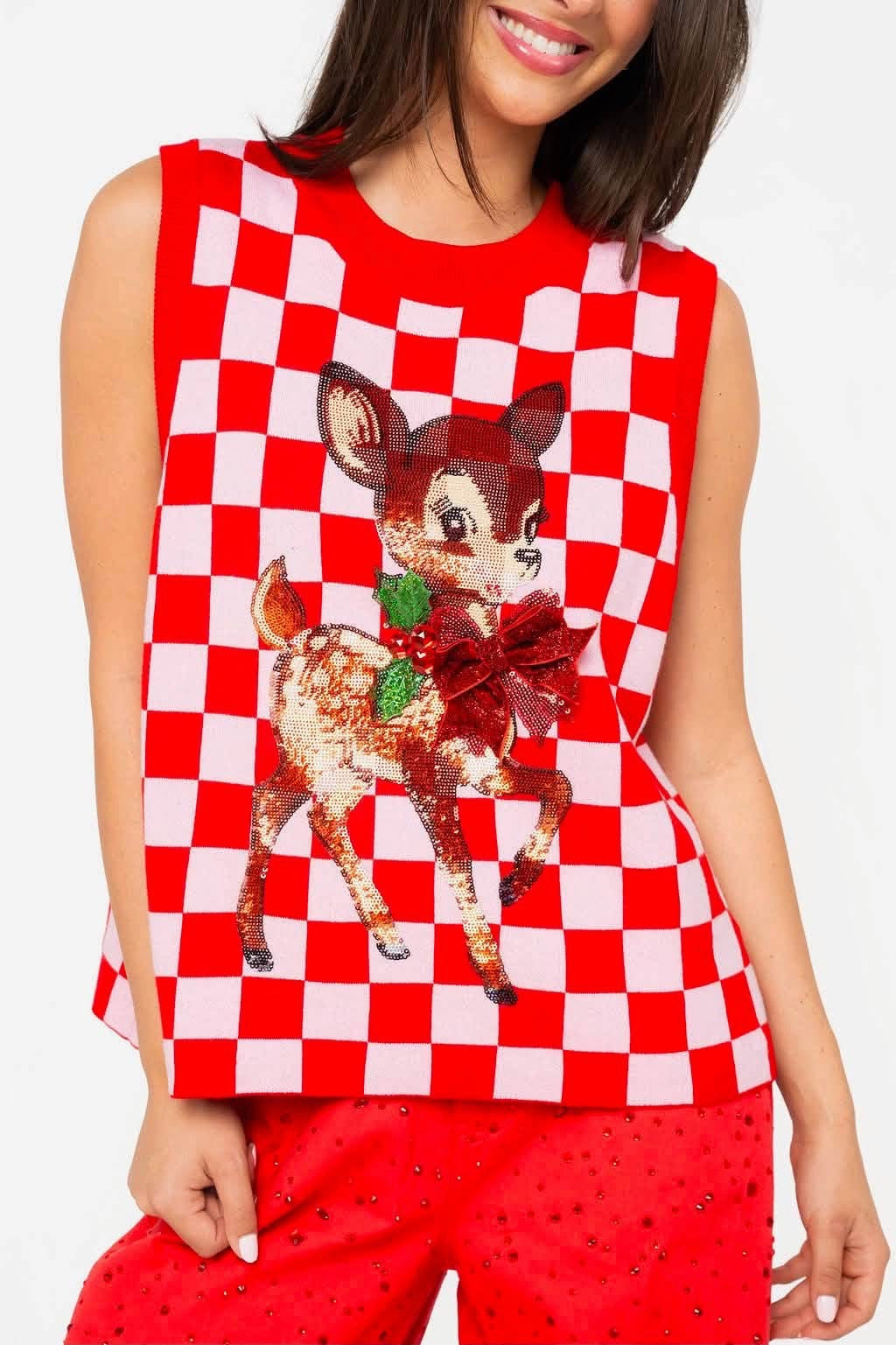 Queen Of Sparkles Red & Pink Checkered Reindeer Knit Vest