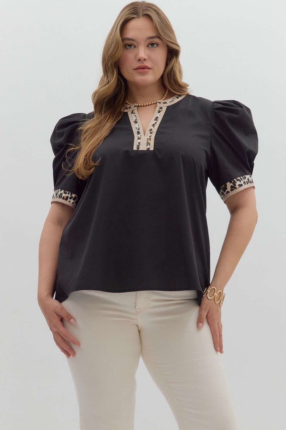 Black Leopard Trim Top- Plus