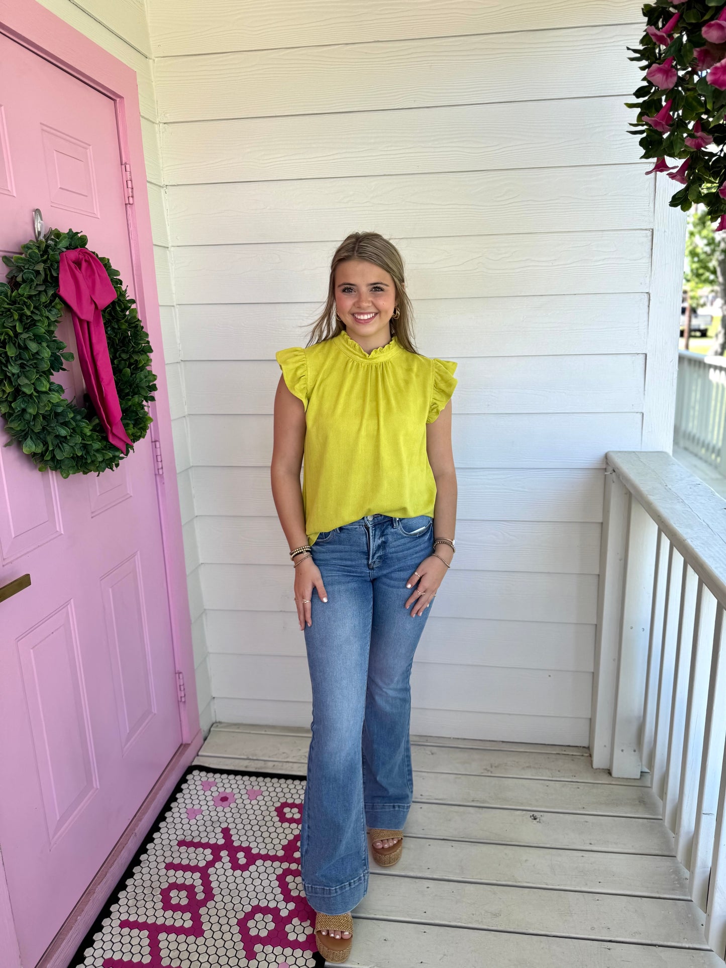 Chartreuse Ruffle Sleeve Top