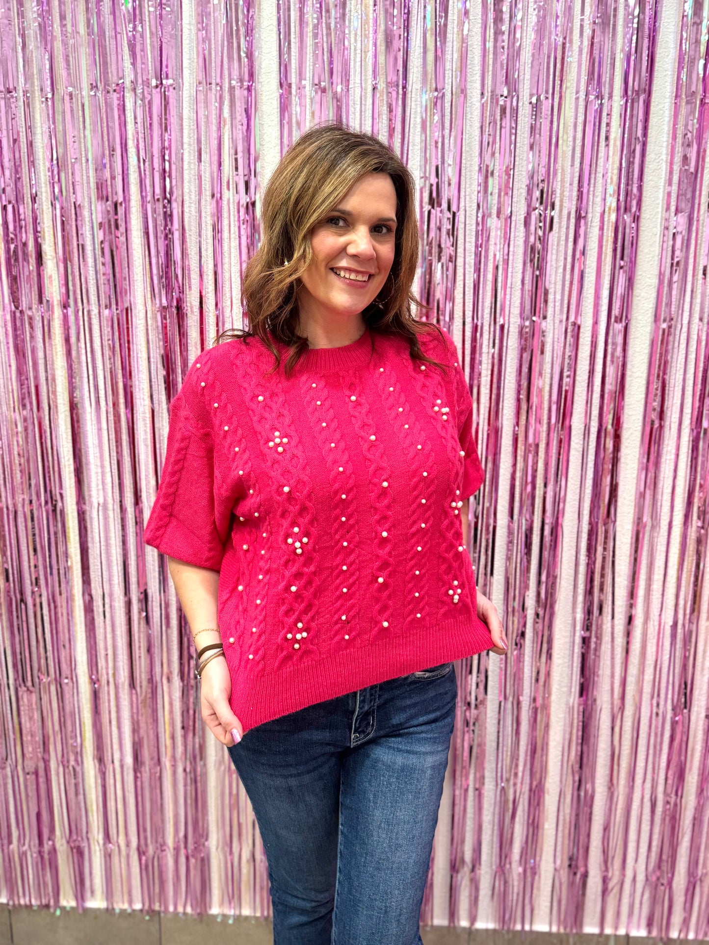 Pink Pearl Cable Knit Sweater