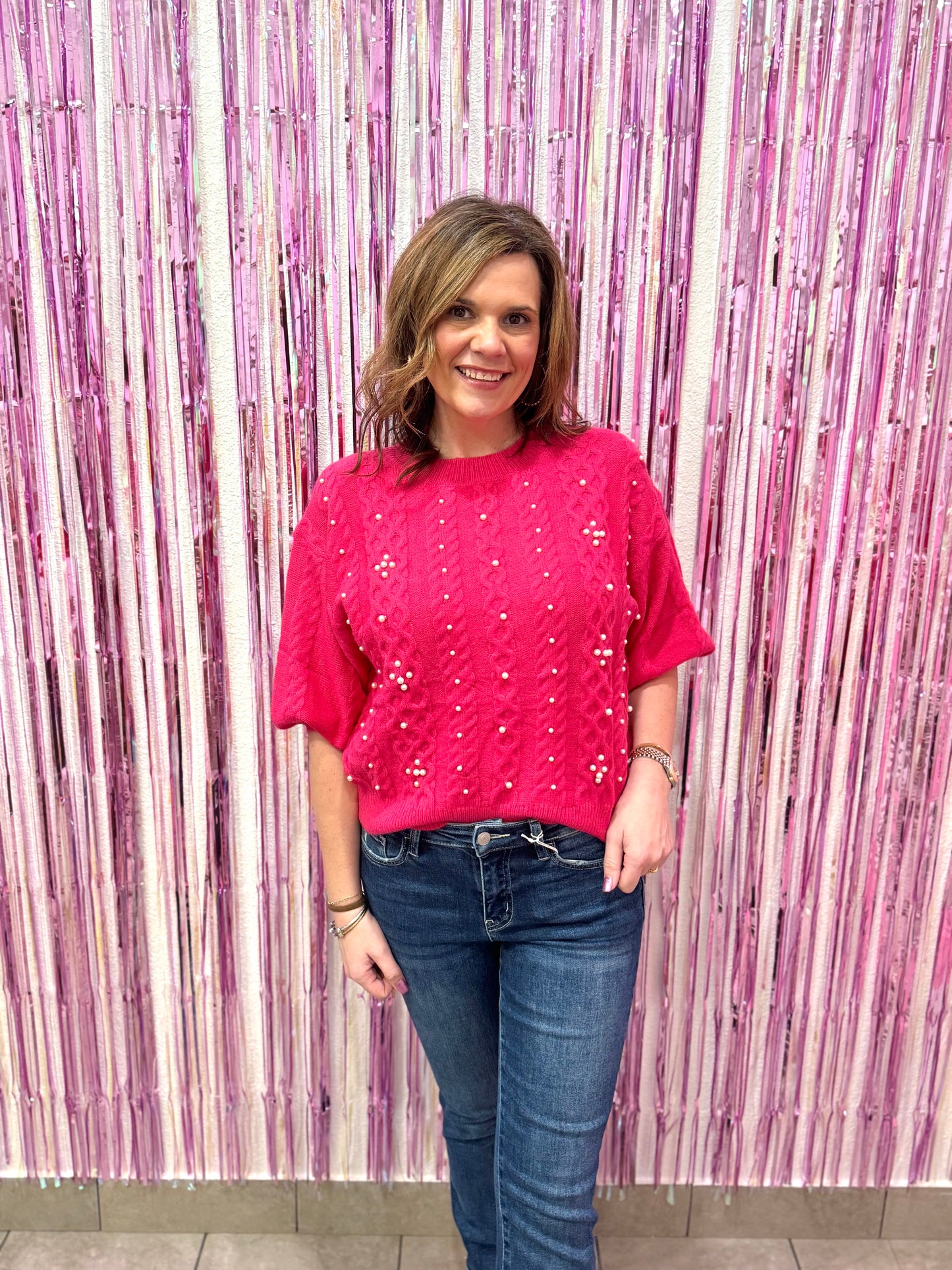Pink Pearl Cable Knit Sweater