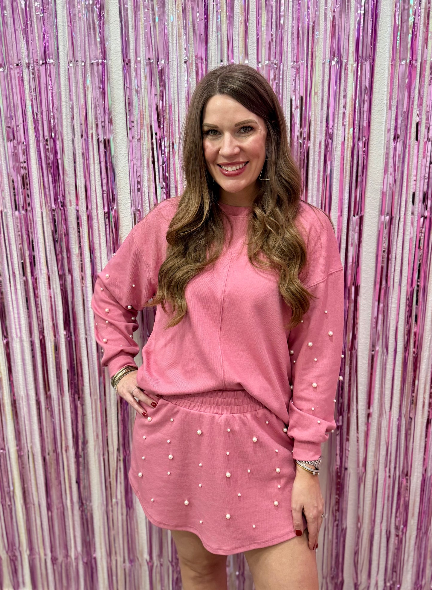 Long Sleeve Pearl Skort Set- Pink