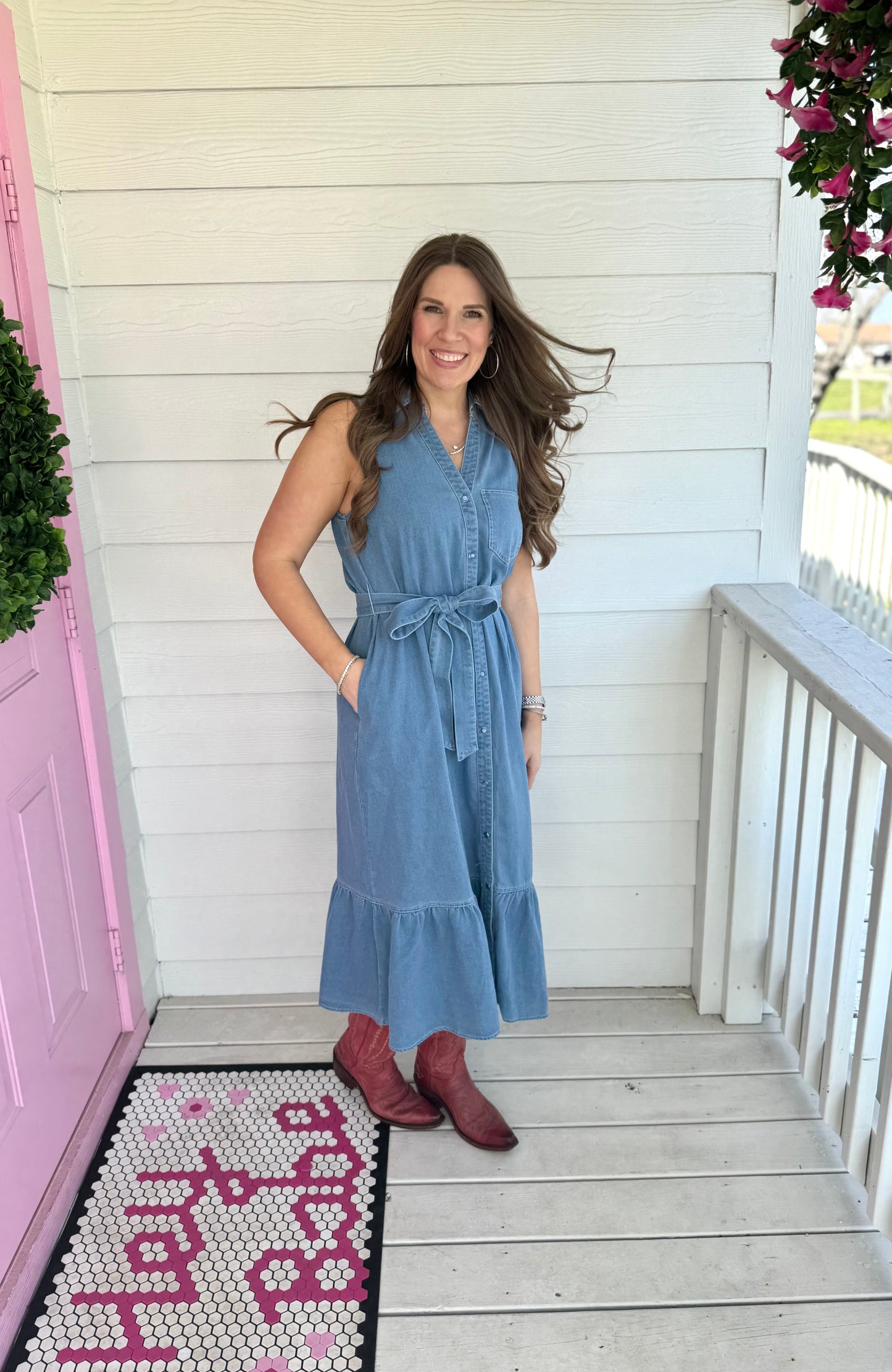 Denim Belted Midi Dress