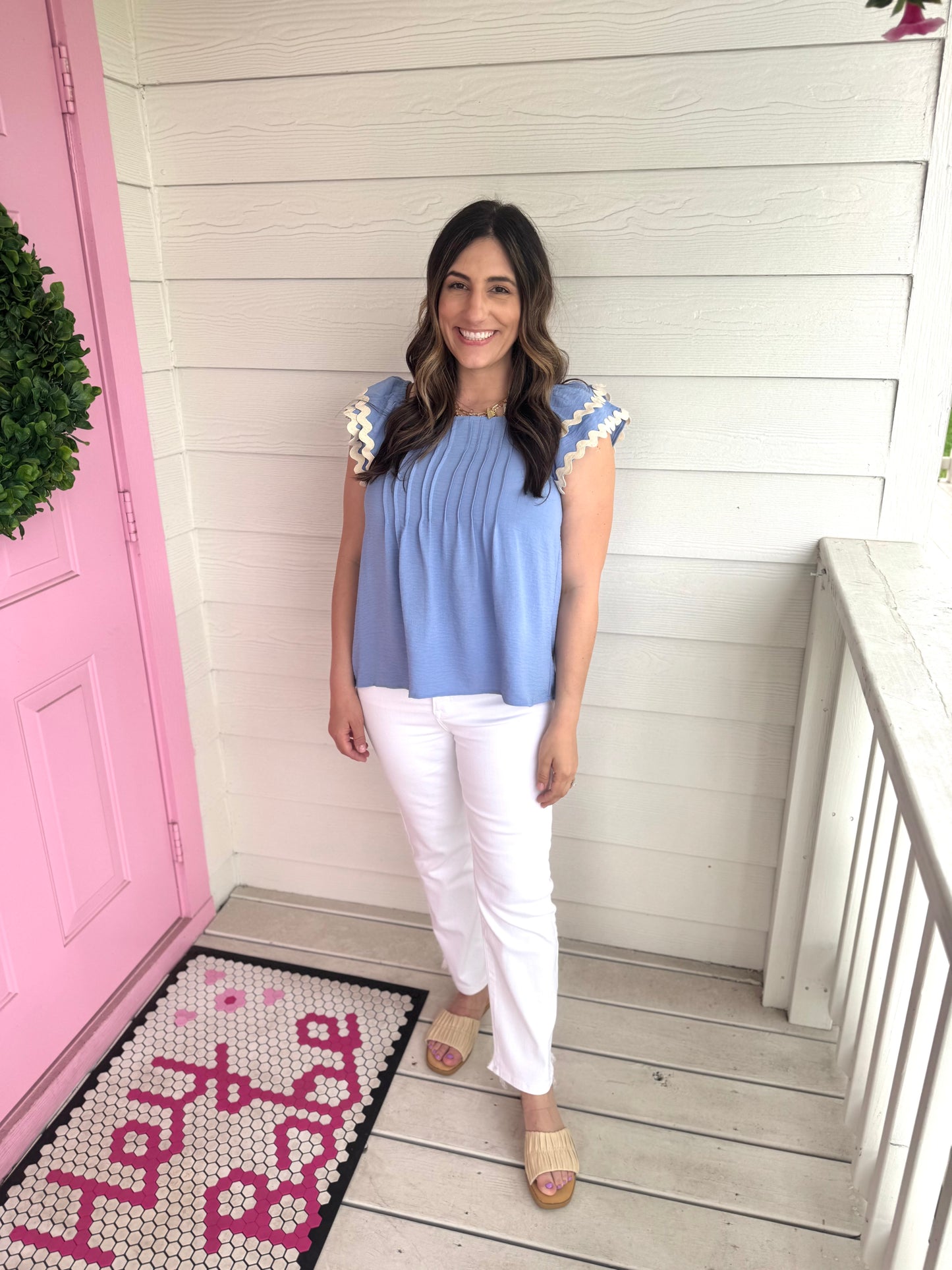 Wavy Trim Pintuck Top