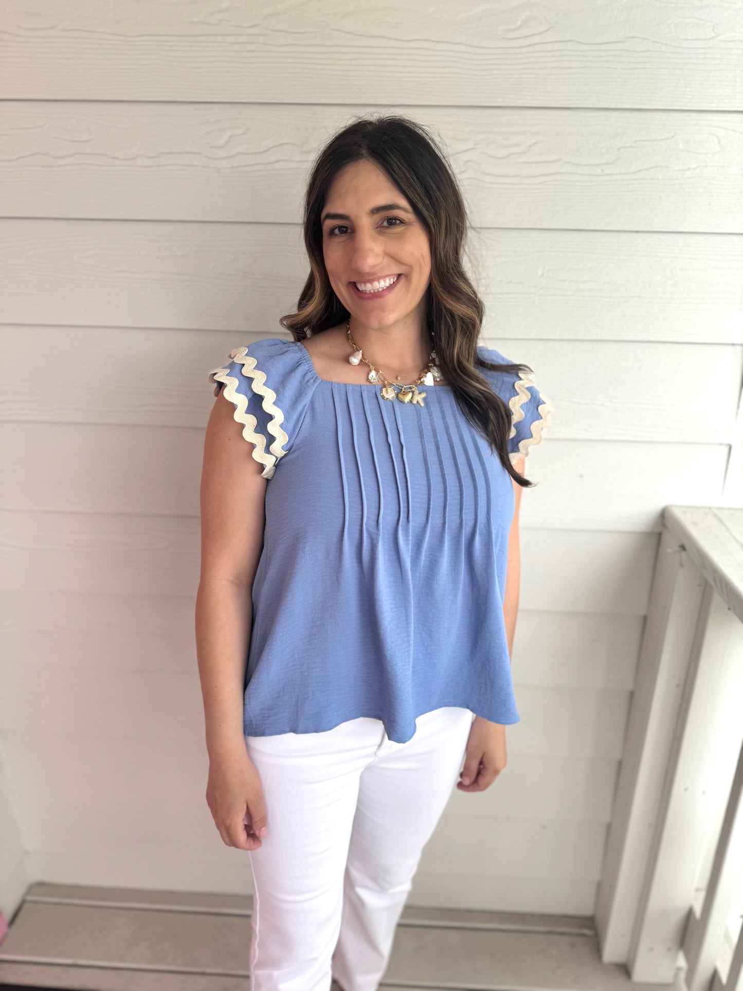 Wavy Trim Pintuck Top