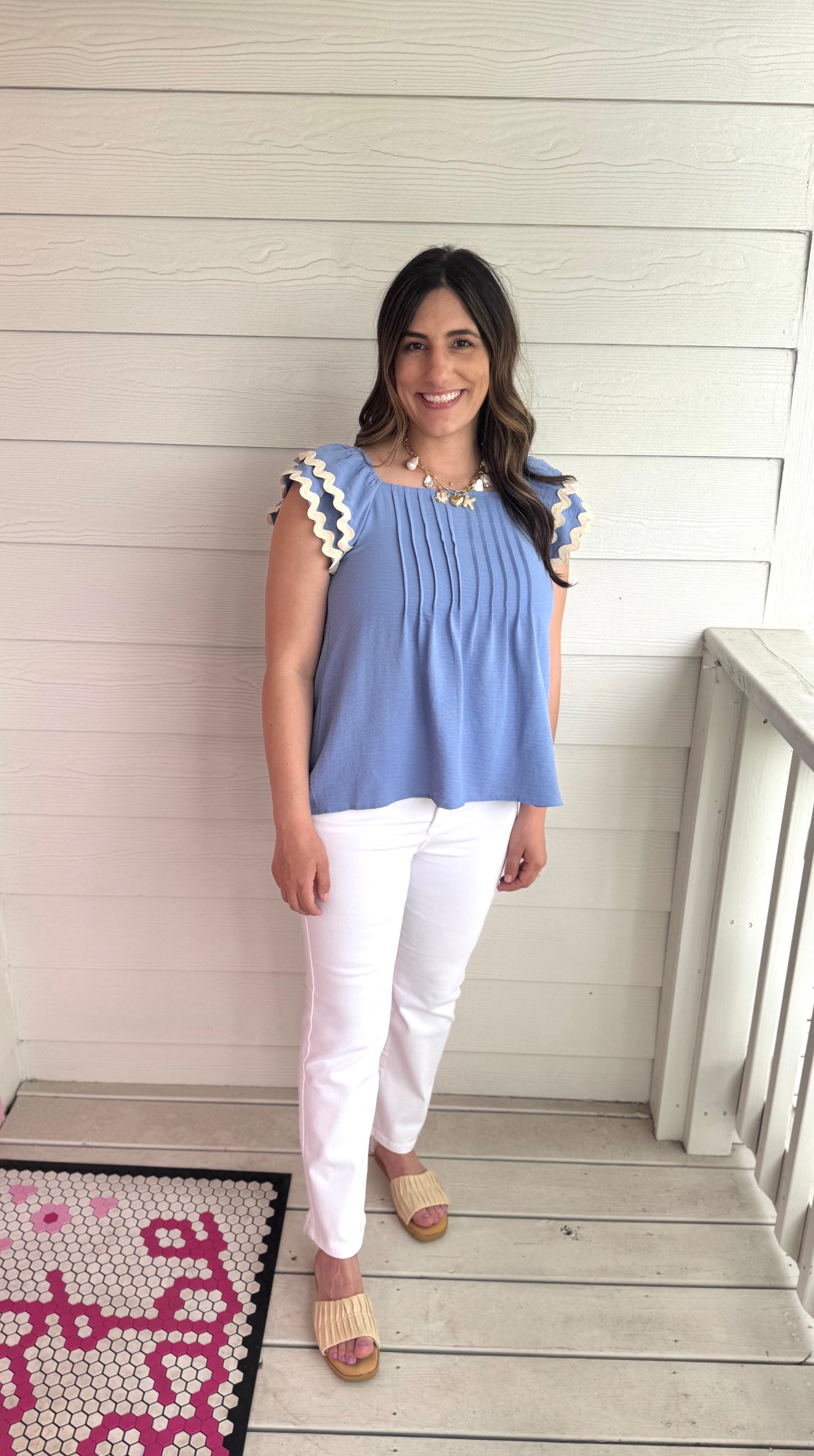 Wavy Trim Pintuck Top