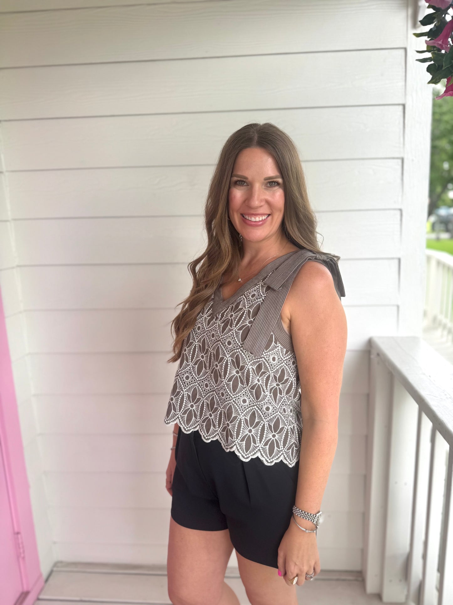 Taupe Embroidered Floral Top