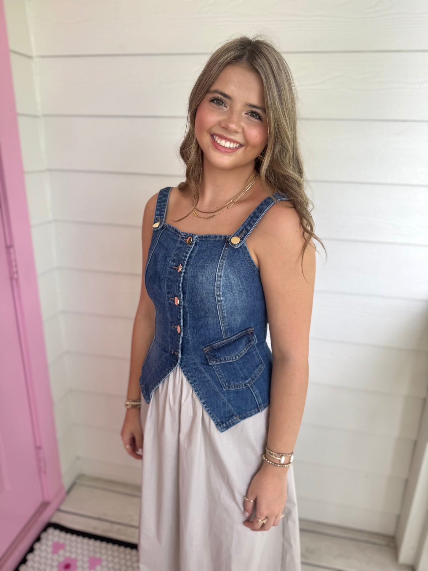Denim Smocked Vest