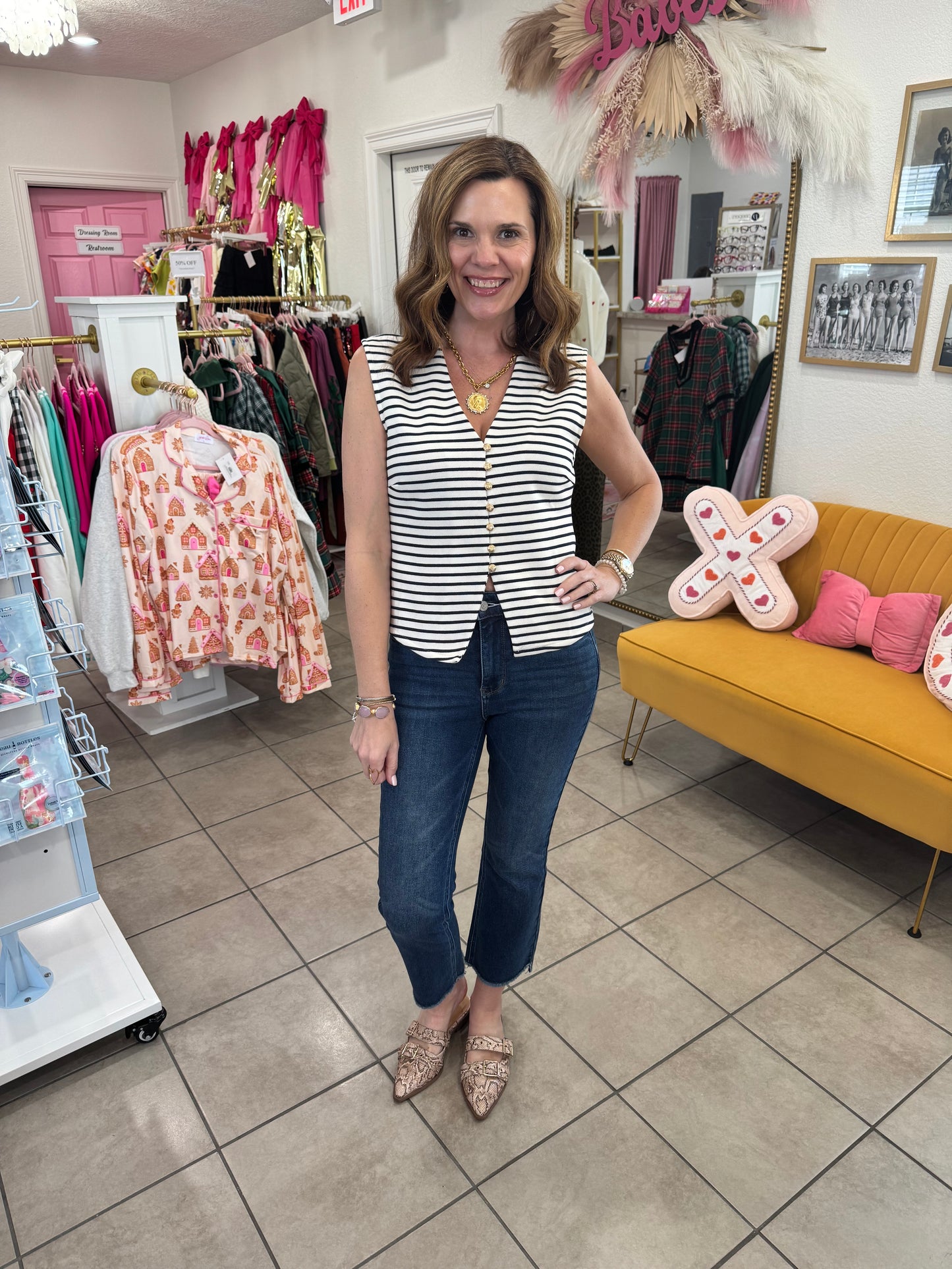Navy Striped Gold Button Vest Top