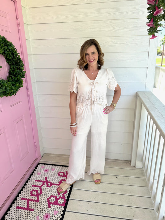 Eyelet Trim Oatmeal Pants