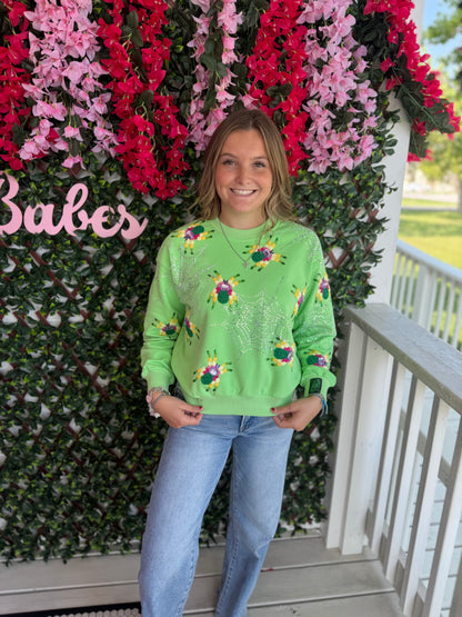 Queen of Sparkles Neon Green Fuzzy Spider & Web Sweatshirt