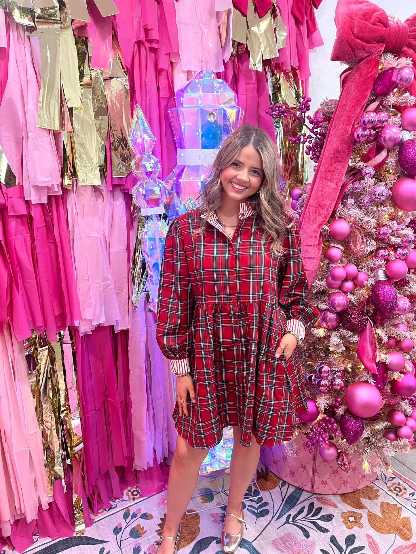 Ruffle Collar Holiday Plaid Dress