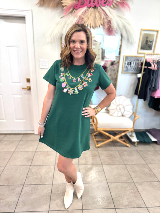 Queen Of Sparkles Dark Green Christmas Necklace Tee Dress
