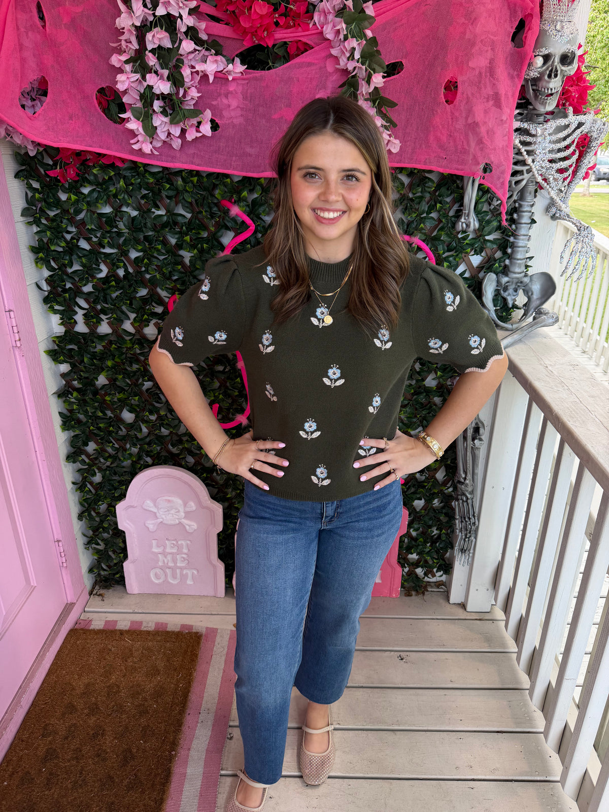 Olive Dainty Floral Sweater Top