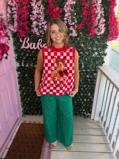 Queen Of Sparkles Red & Pink Checkered Reindeer Knit Vest