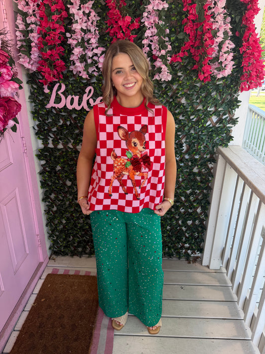 Queen Of Sparkles Red & Pink Checkered Reindeer Knit Vest