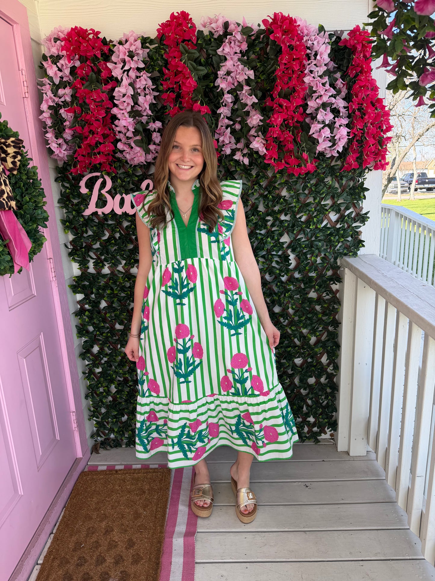 Floral & Green Stripes Midi Dress