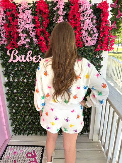 Queen of Sparkles Ivory Multi Beaded Spider Sweatshirt
