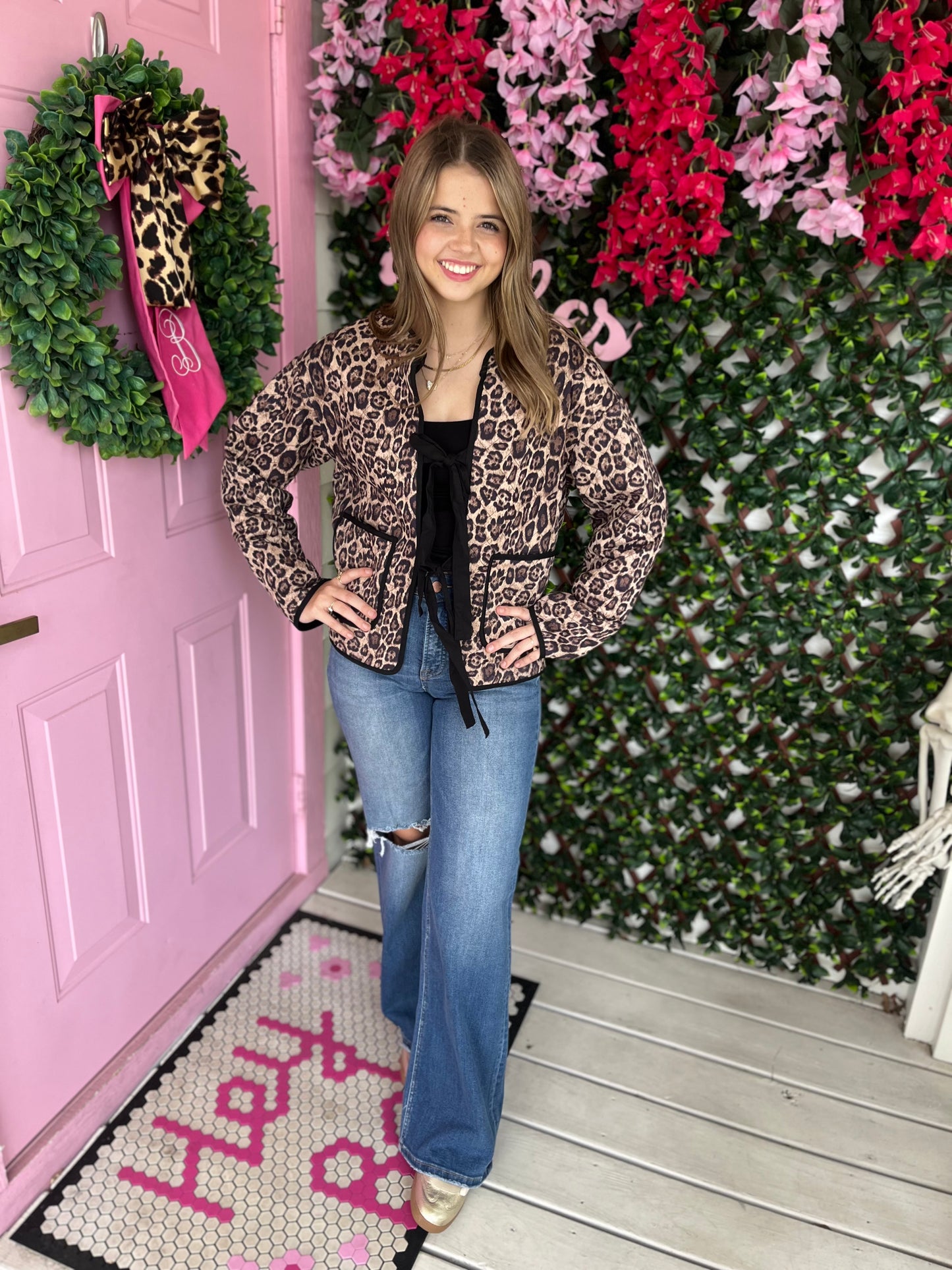 Leopard Tie Front Quilted Jacket