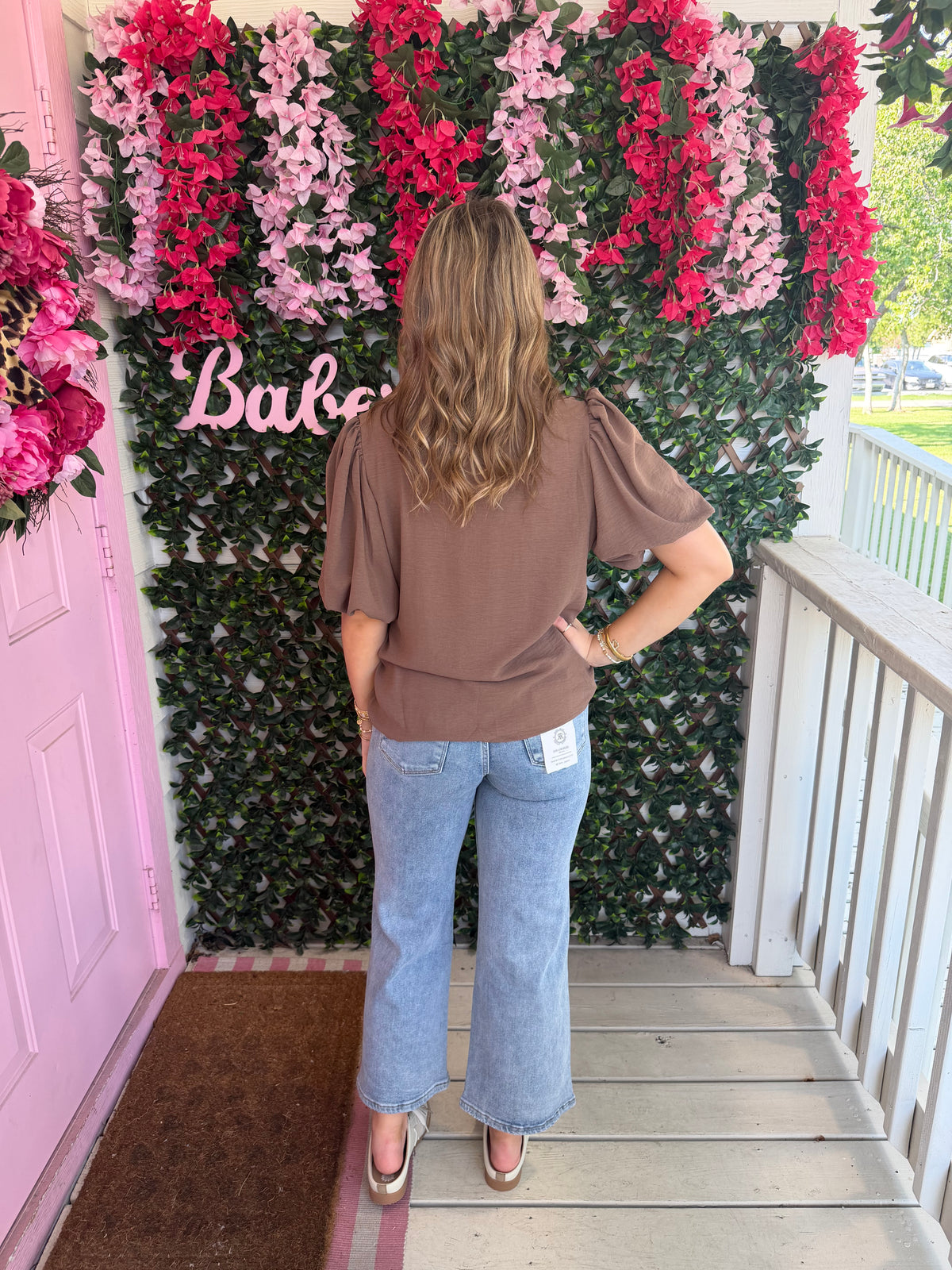 Mocha Pleated Bubble Sleeve Top