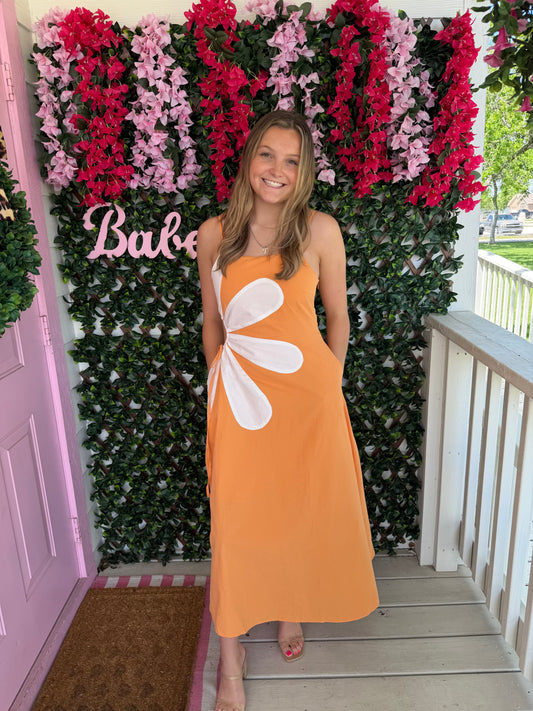Tangerine Floral Cut Out Dress