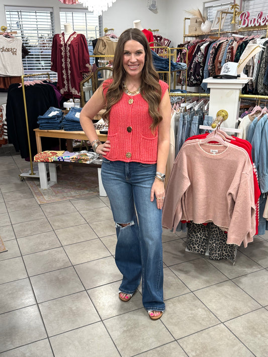 Coral Gold Button Sweater Top