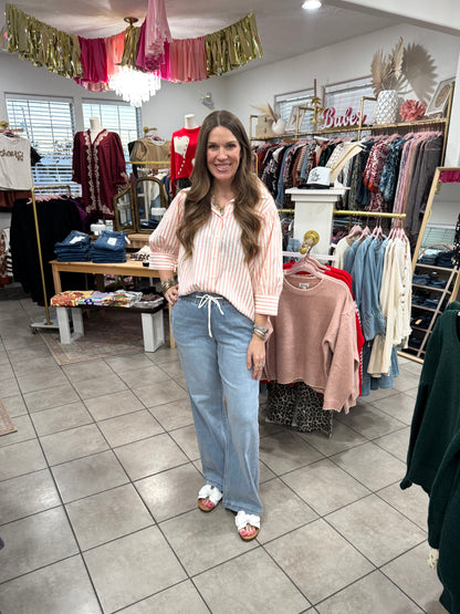 Bubblegum Striped Seersucker Button Up Top