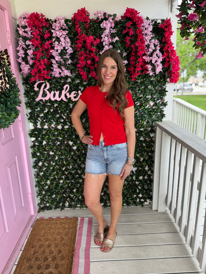 Red Button Up Knit Top