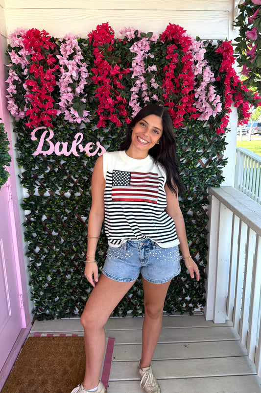 Queen Of Sparkles Knit American Flag Stripe Tank
